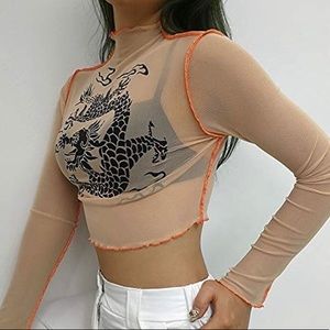 Women’s Long Sleeve Sheer Crop Top Dragon Sun